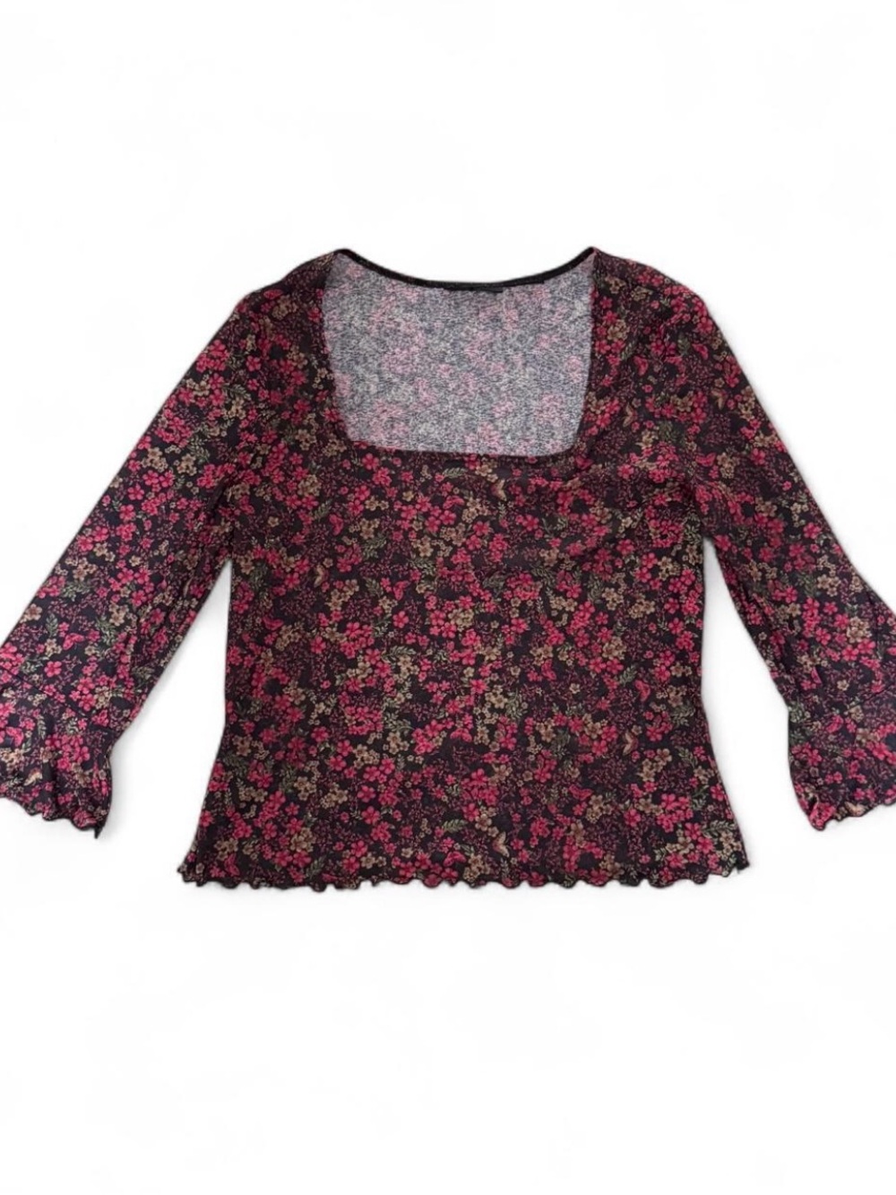 Square-Neck Sheer Floral Blouse in Black and Pink